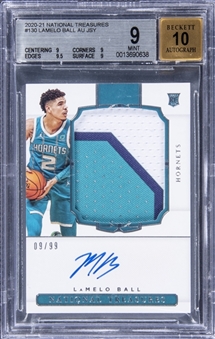 2020-21 Panini National Treasures Rookie Patch Autographs #130 LaMelo Ball Signed Patch Rookie Card (#09/99) - BGS MINT 9/BGS 10